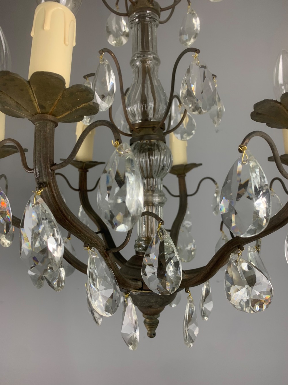 French 6 Arm Aged Brass Antique Chandelier  View XIII