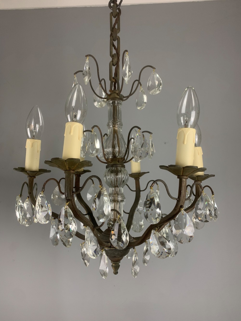 French 6 Arm Aged Brass Antique Chandelier  View XIV
