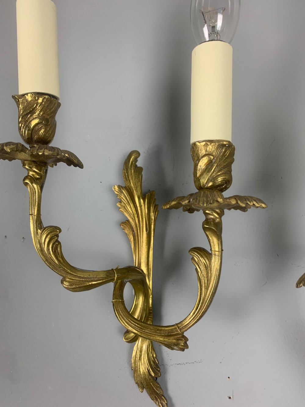 Small Pair of French Antique Gilt Brass Wall Lights  View II
