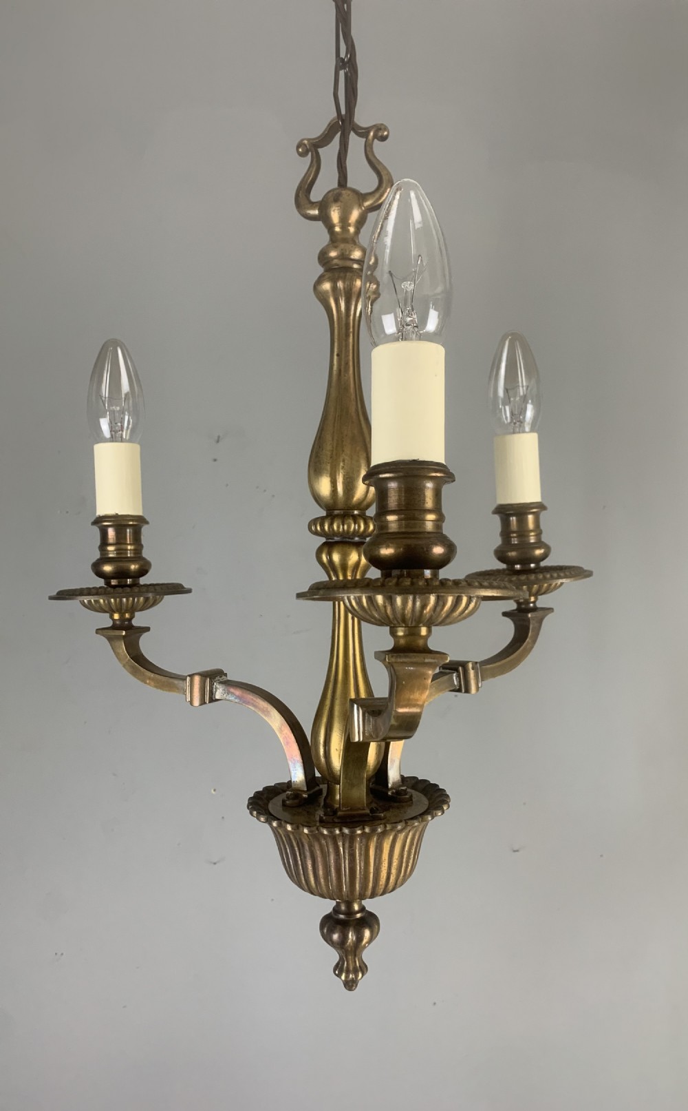 English Aged Brass 3 Light Antique Chandelier, Ceiling Light 