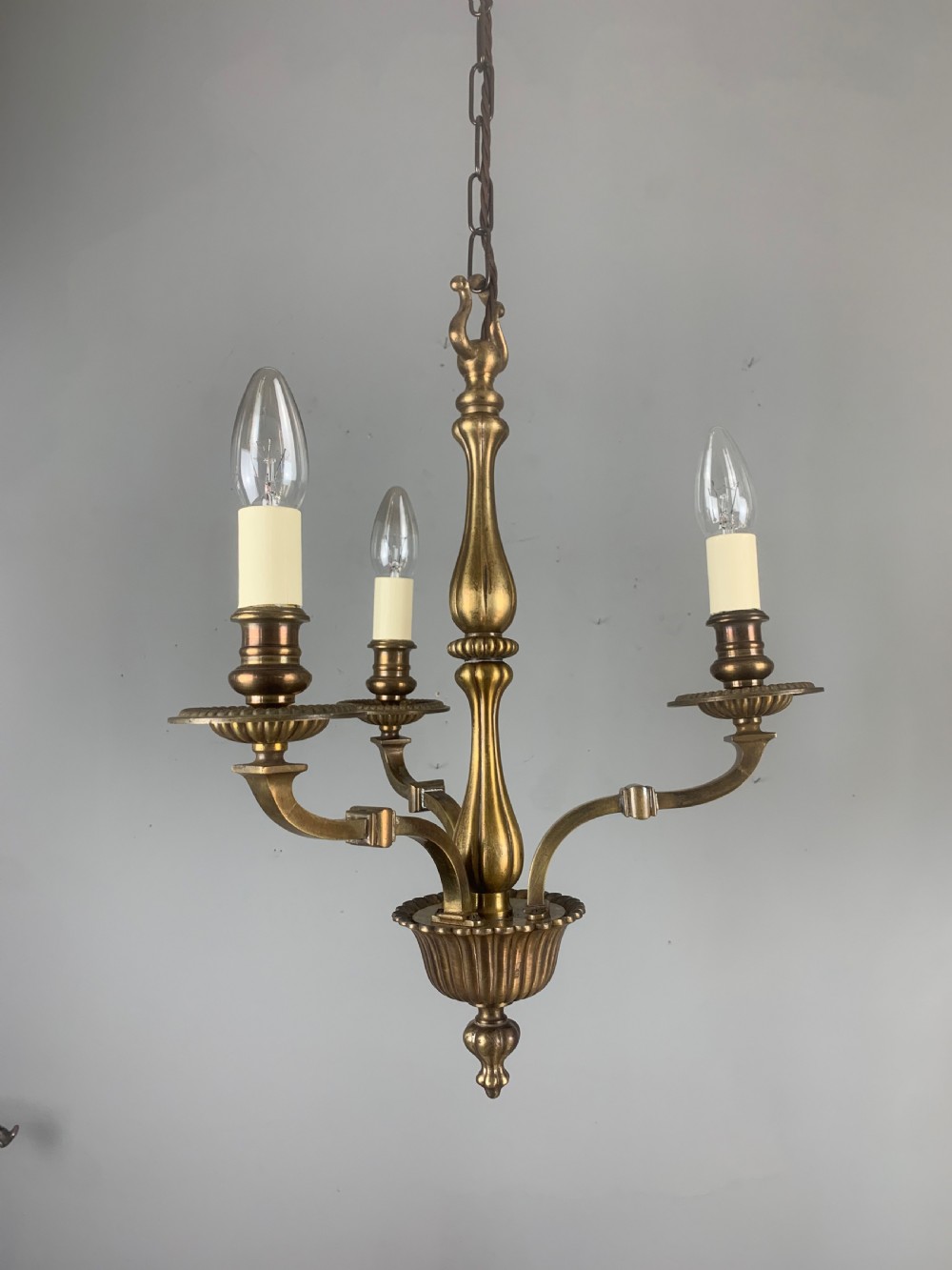 English Aged Brass 3 Light Antique Chandelier, Ceiling Light  View II