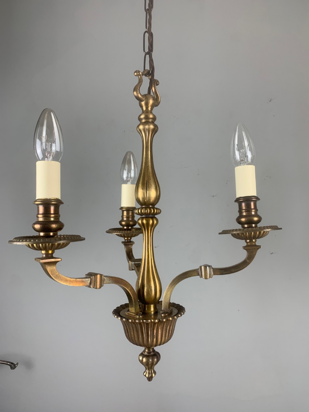 English Aged Brass 3 Light Antique Chandelier, Ceiling Light  View V