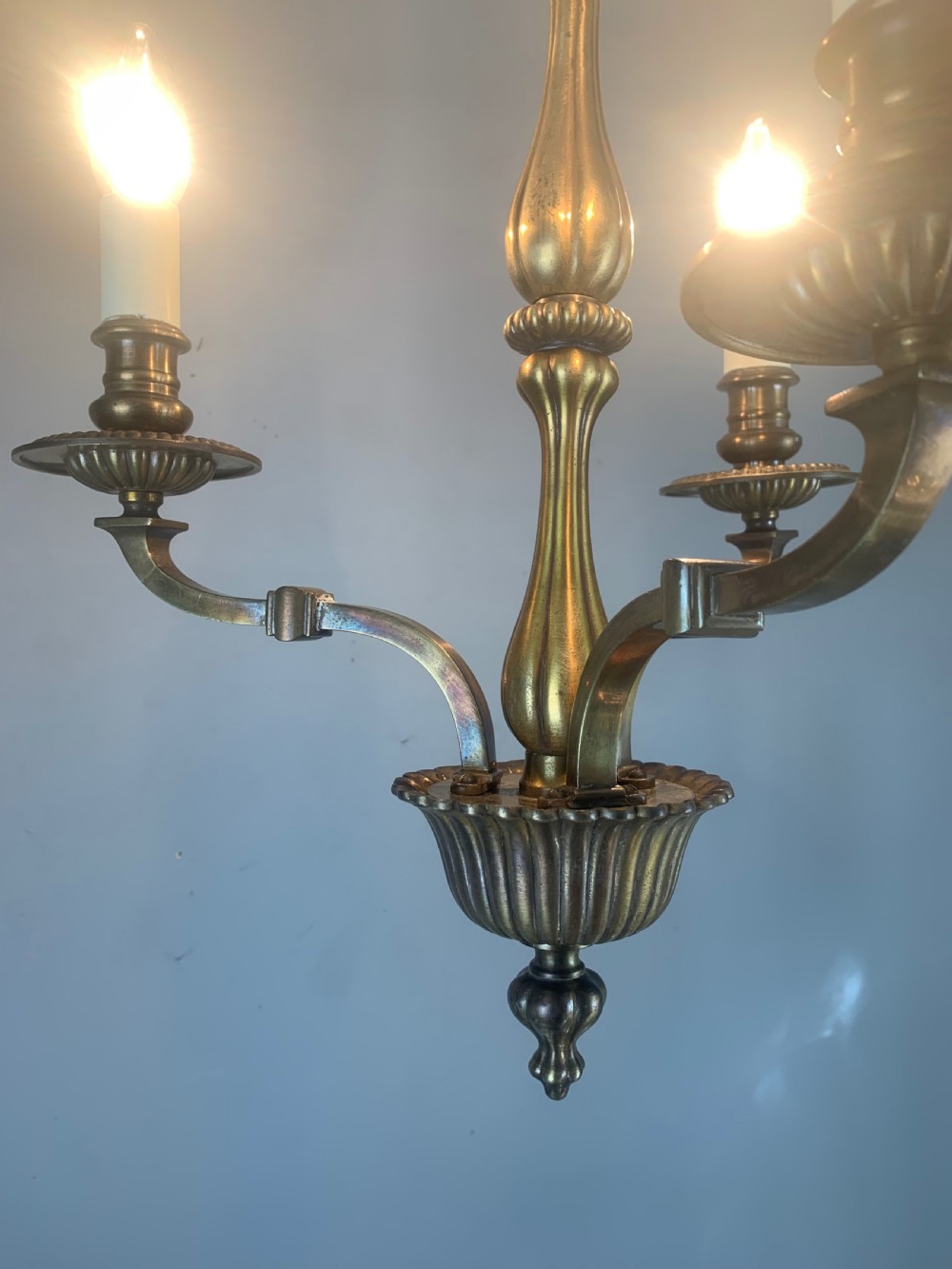 English Aged Brass 3 Light Antique Chandelier, Ceiling Light  View VI