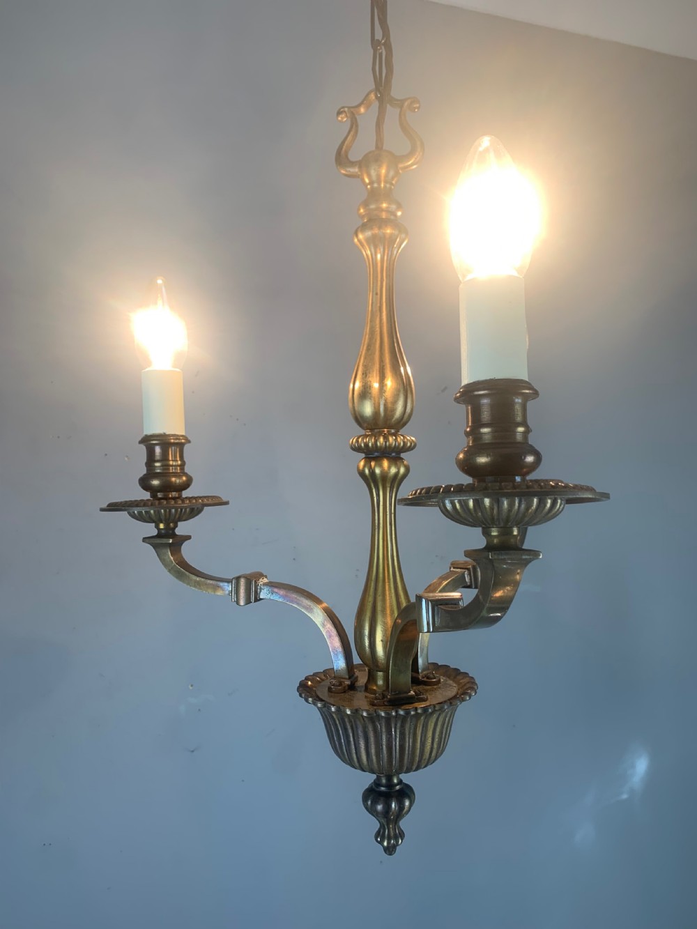 English Aged Brass 3 Light Antique Chandelier, Ceiling Light  View VII