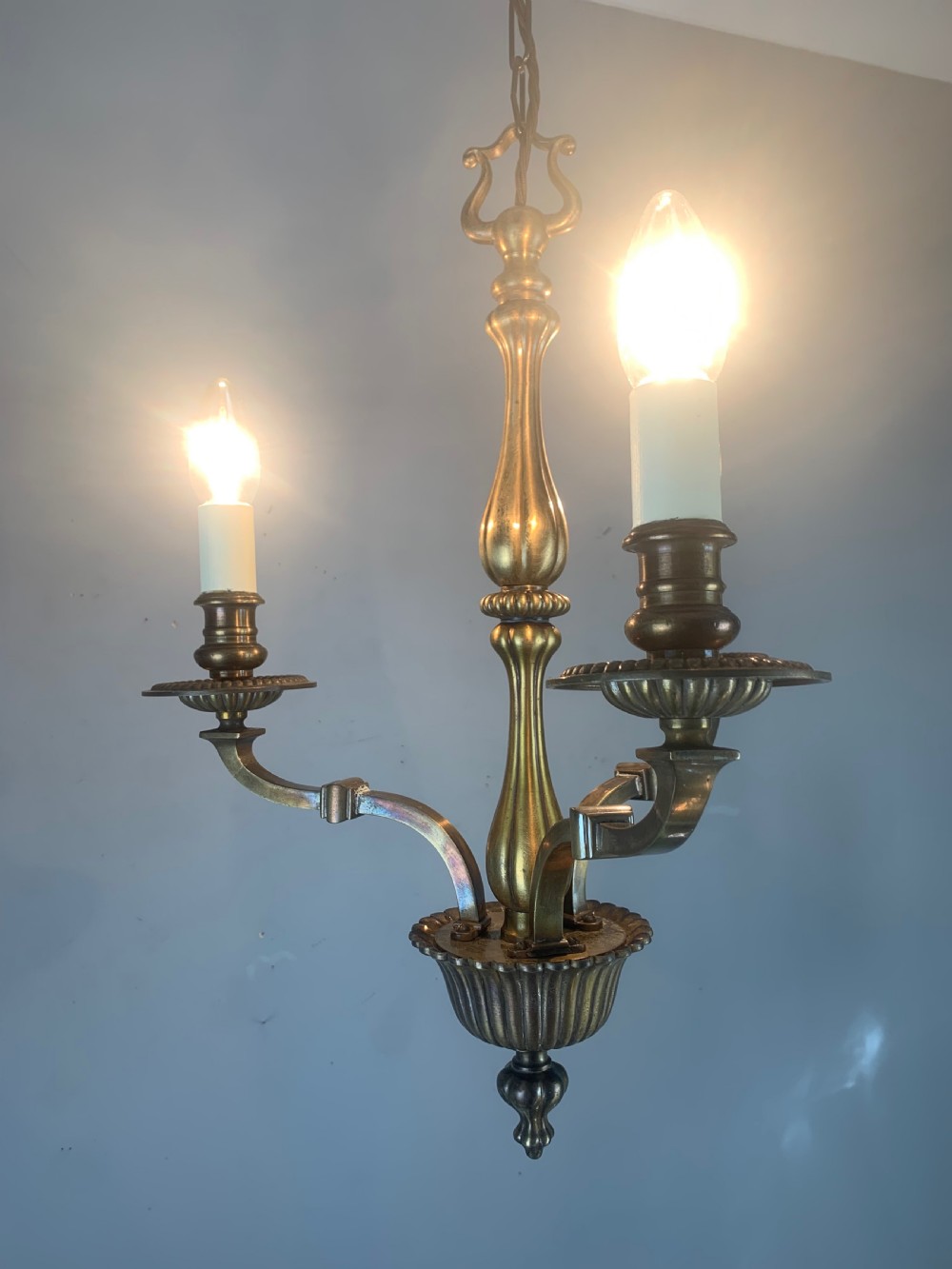 English Aged Brass 3 Light Antique Chandelier, Ceiling Light  View VIII