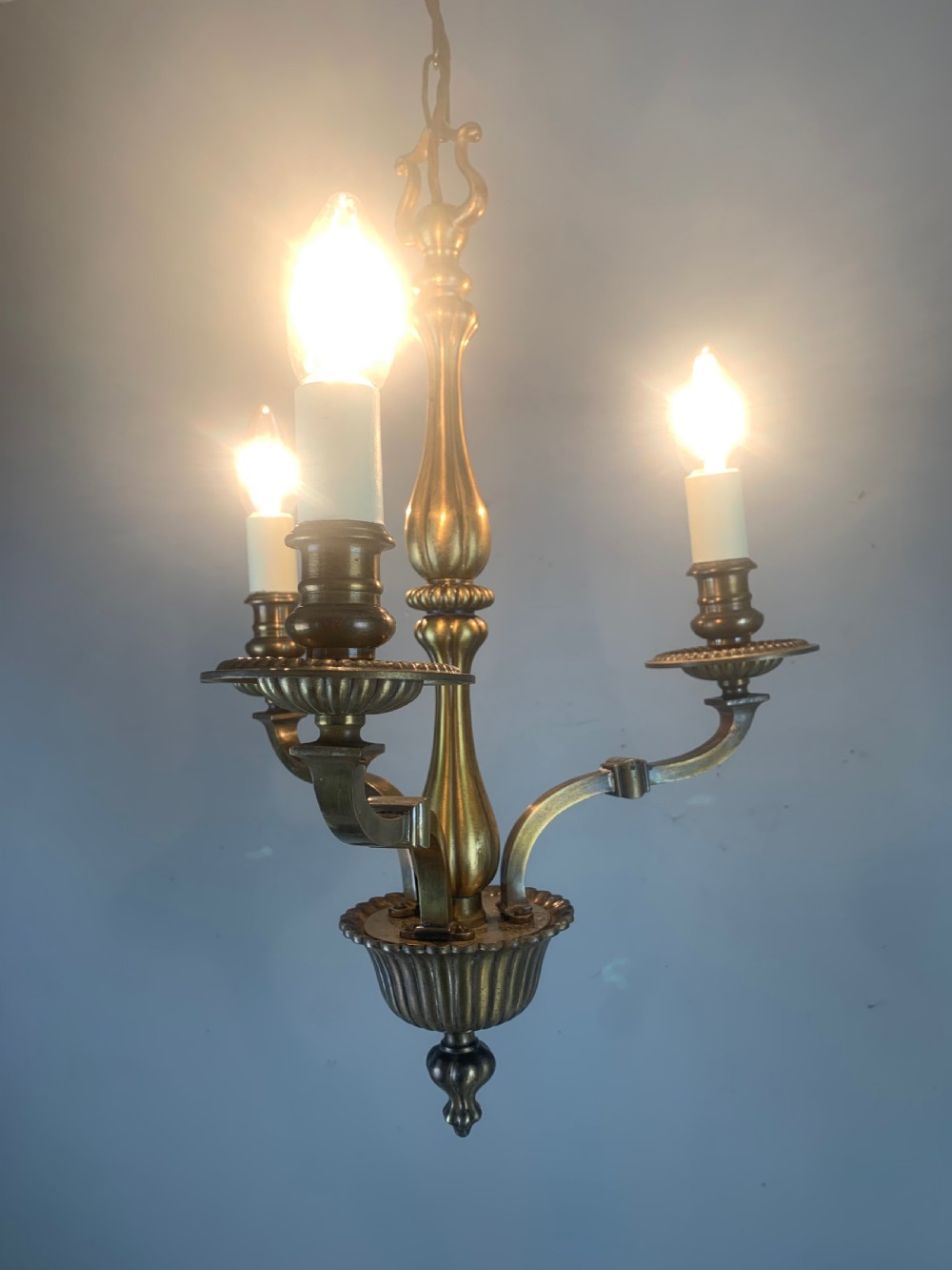 English Aged Brass 3 Light Antique Chandelier, Ceiling Light  View X