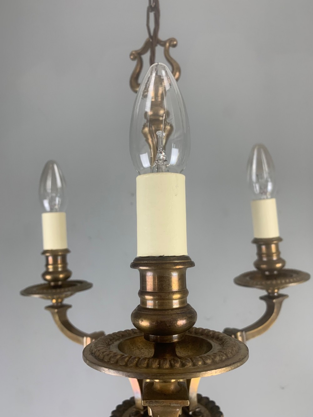 English Aged Brass 3 Light Antique Chandelier, Ceiling Light  View XII