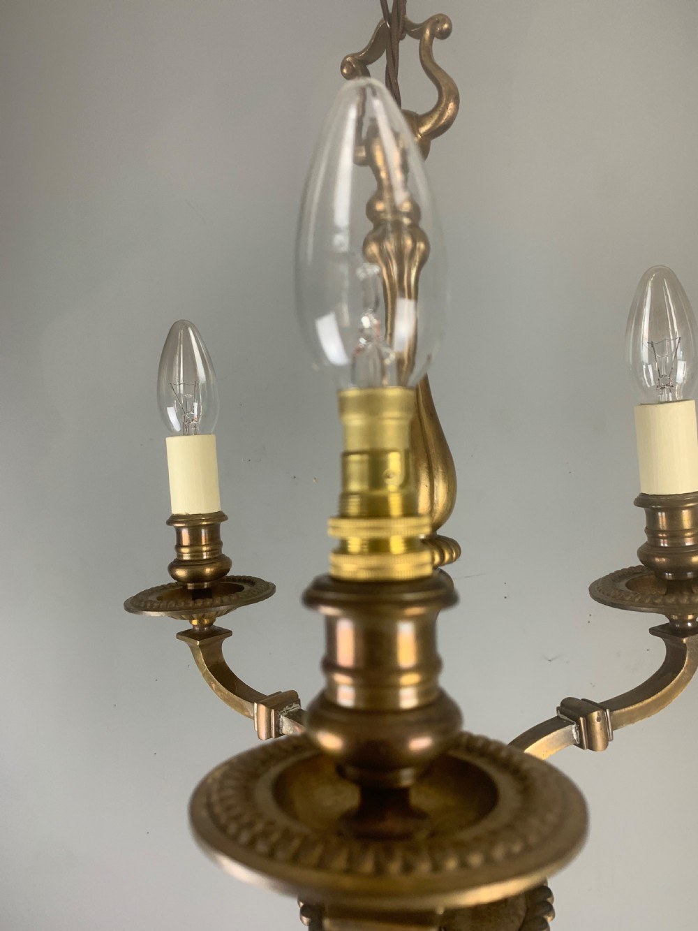 English Aged Brass 3 Light Antique Chandelier, Ceiling Light  View XIII