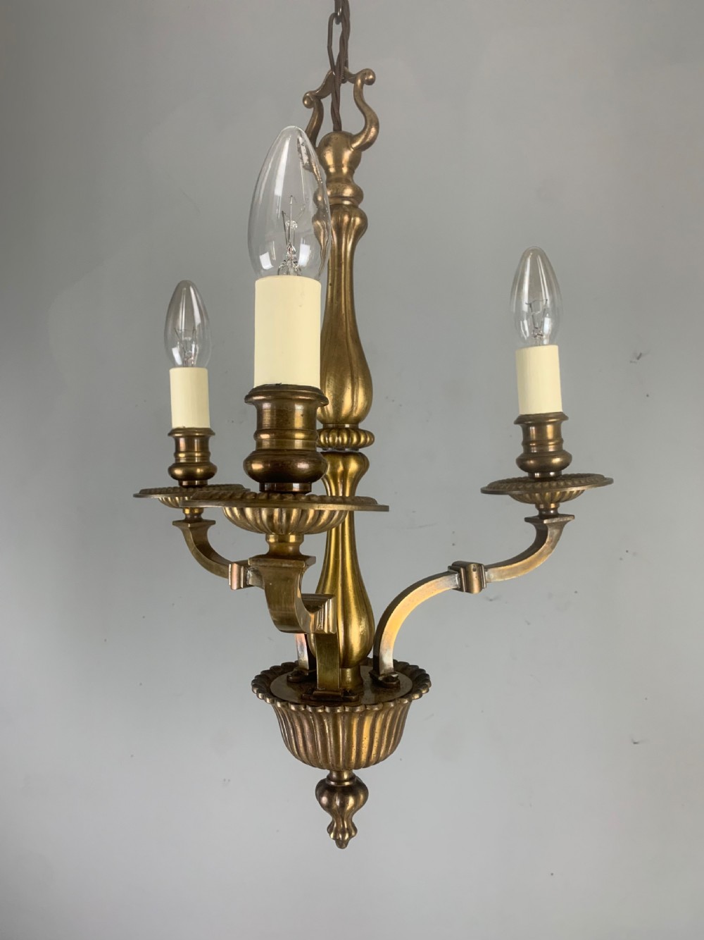 English Aged Brass 3 Light Antique Chandelier, Ceiling Light  View XIV