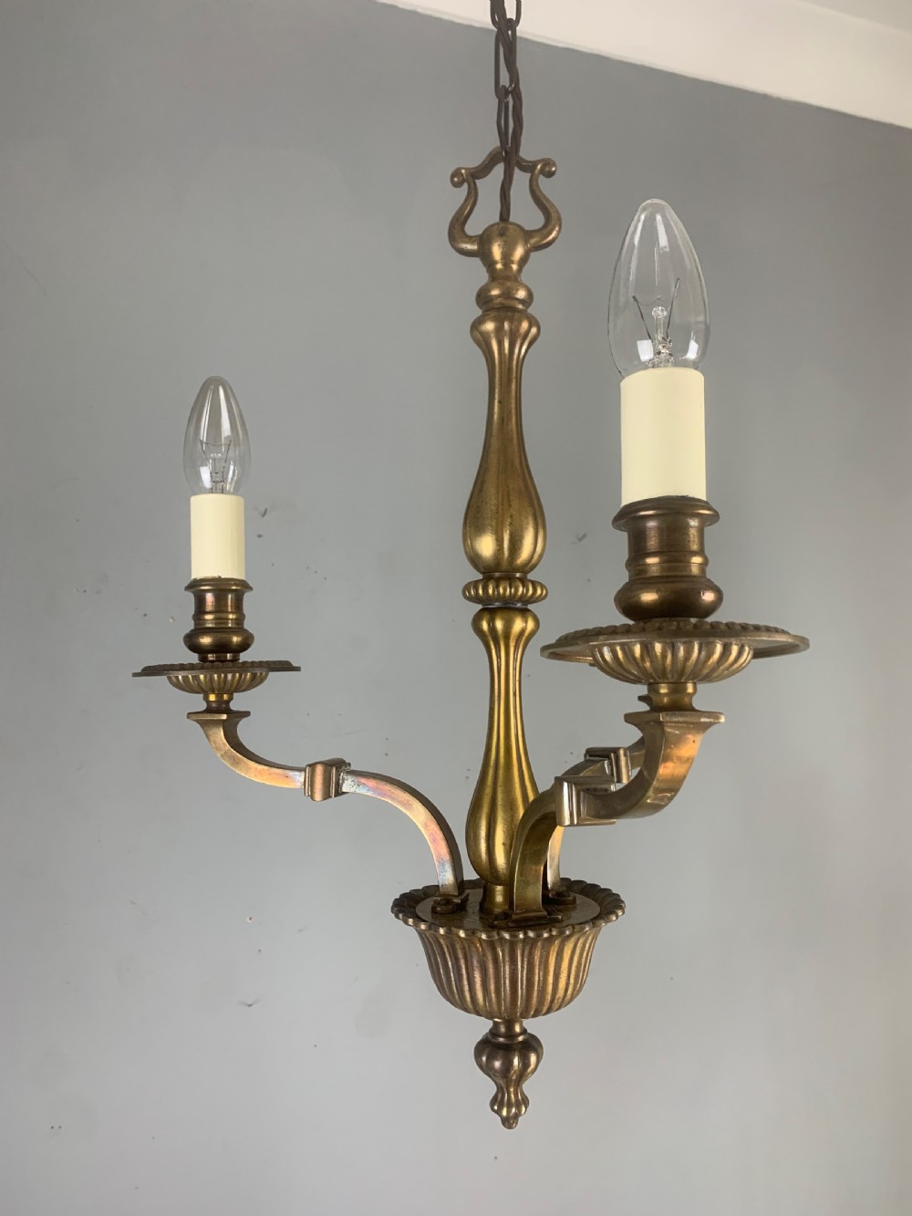 English Aged Brass 3 Light Antique Chandelier, Ceiling Light  View XVIII