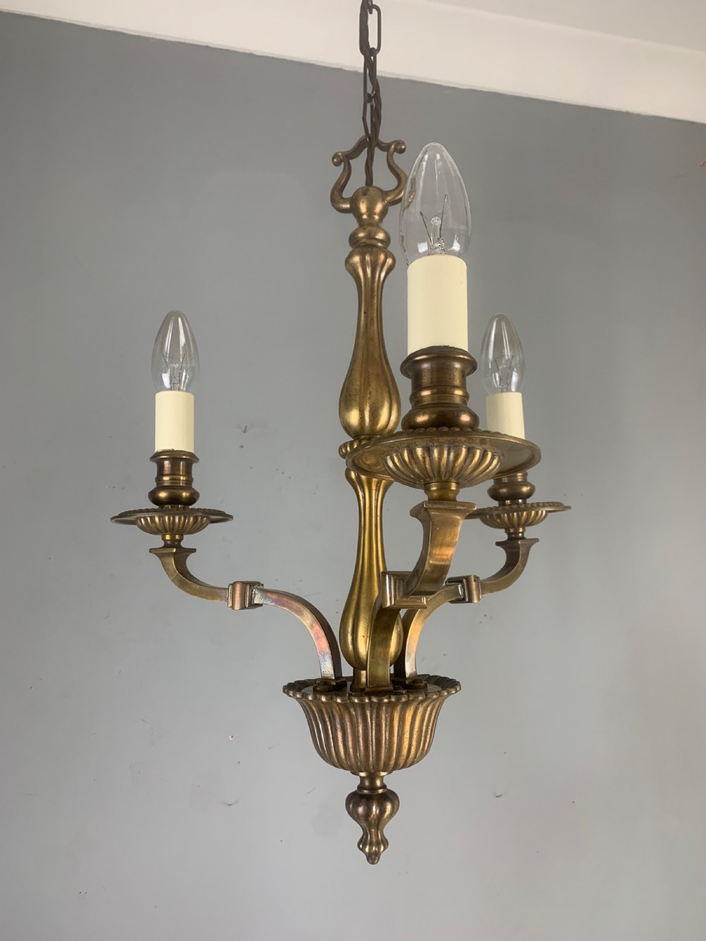 English Aged Brass 3 Light Antique Chandelier, Ceiling Light  View XIX