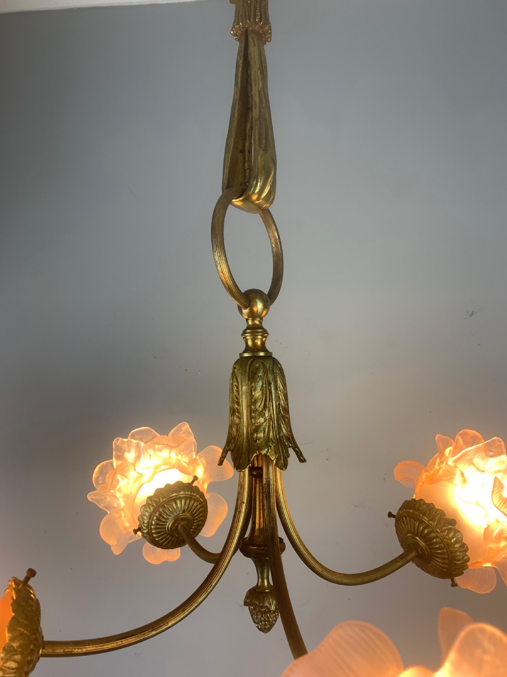 French Antique 4 Light Rose Petal Shade Chandelier, Ceiling Light  View II