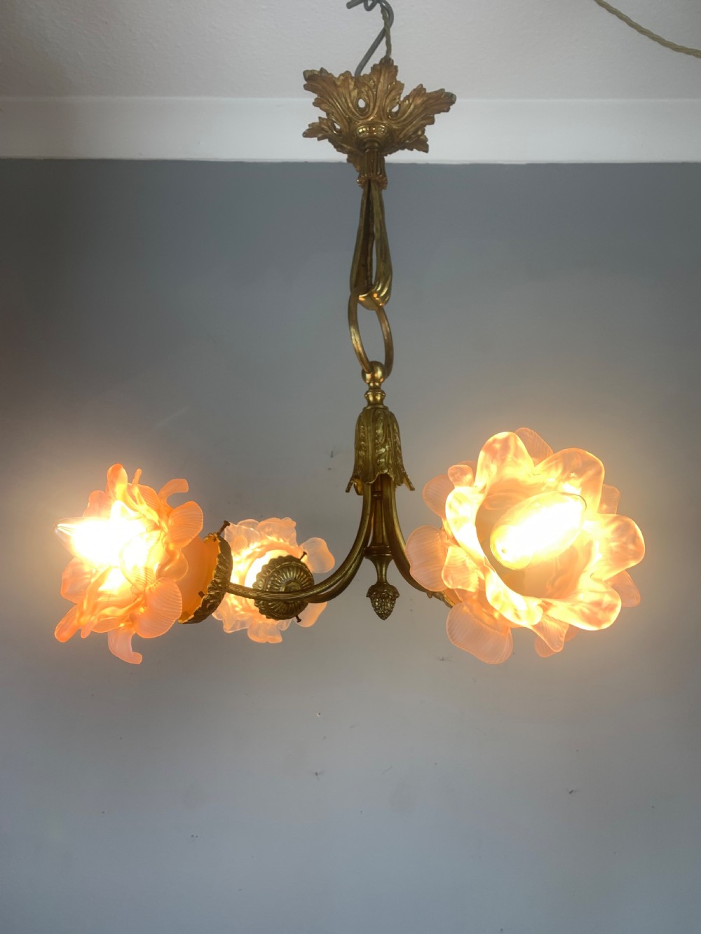 French Antique 4 Light Rose Petal Shade Chandelier, Ceiling Light  View V