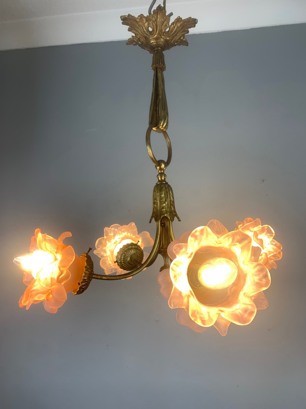 French Antique 4 Light Rose Petal Shade Chandelier, Ceiling Light  View VI