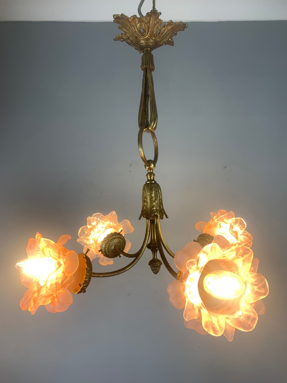 French Antique 4 Light Rose Petal Shade Chandelier, Ceiling Light  View VIII