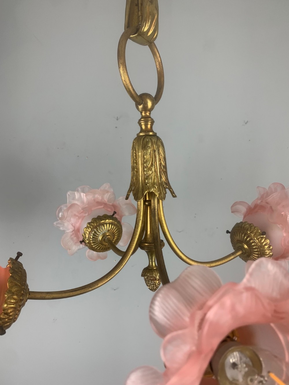 French Antique 4 Light Rose Petal Shade Chandelier, Ceiling Light  View X