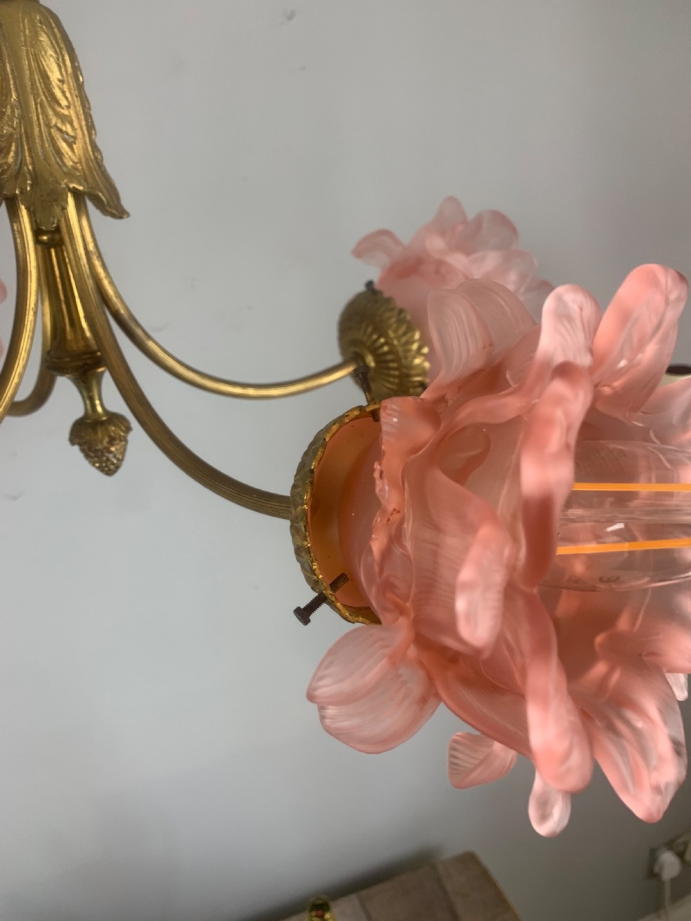 French Antique 4 Light Rose Petal Shade Chandelier, Ceiling Light  View XIV