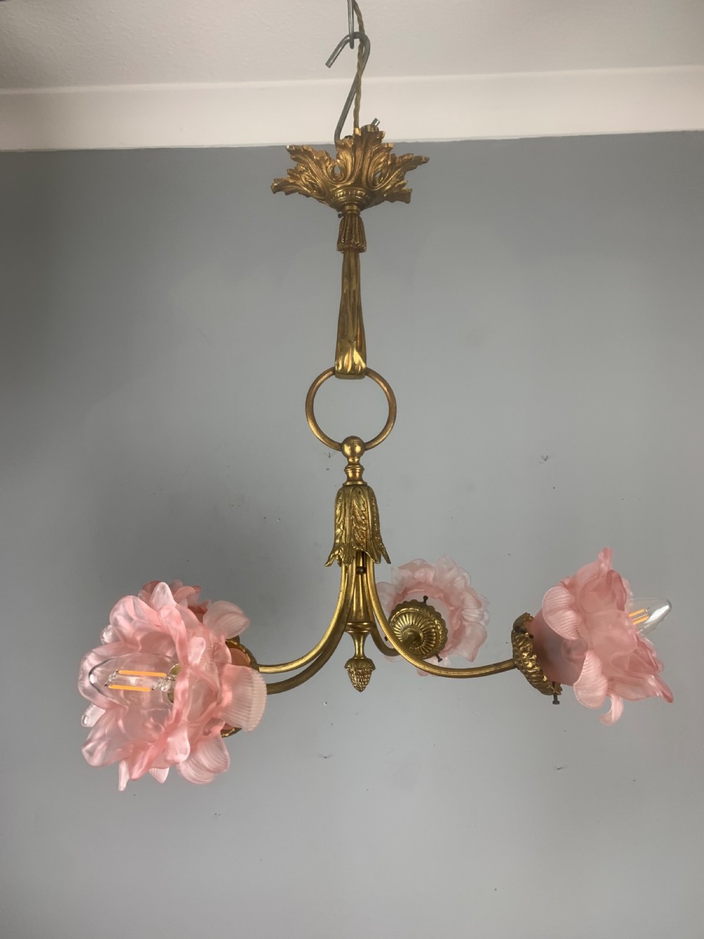 French Antique 4 Light Rose Petal Shade Chandelier, Ceiling Light  View XVI