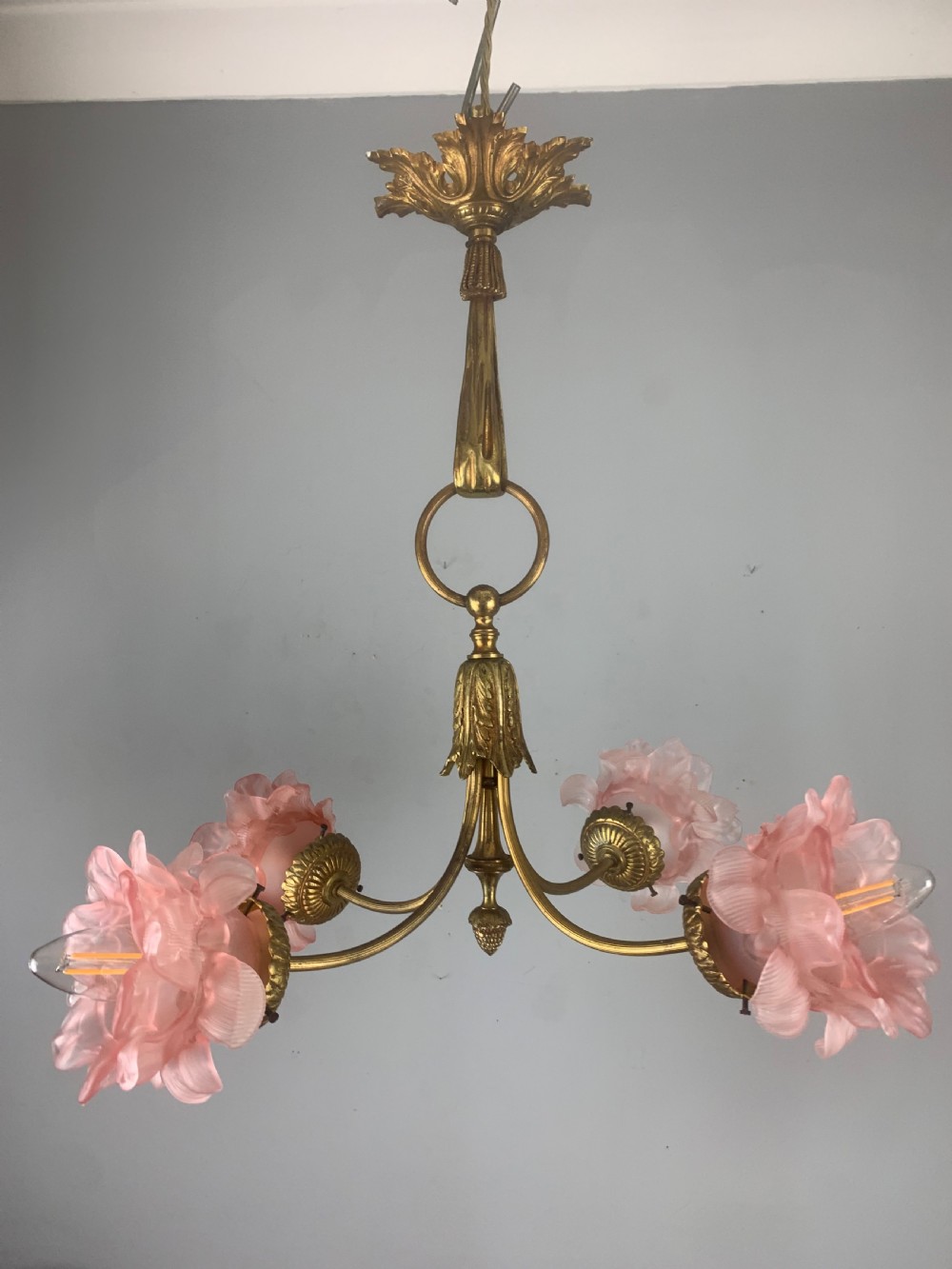 French Antique 4 Light Rose Petal Shade Chandelier, Ceiling Light  View XVII