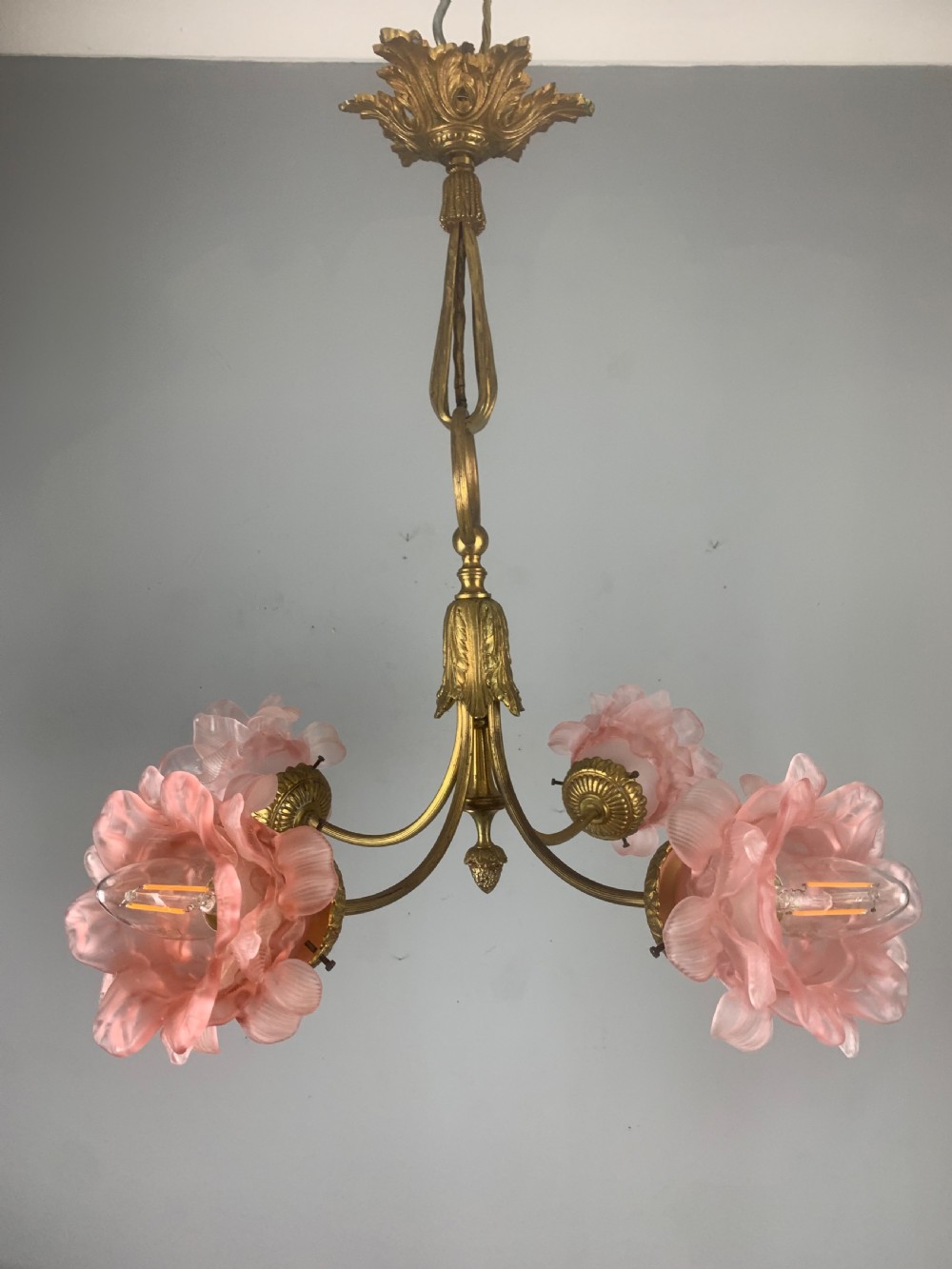 French Antique 4 Light Rose Petal Shade Chandelier, Ceiling Light  View XXII