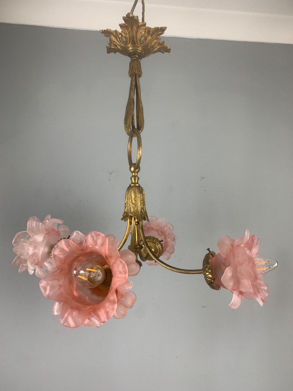 French Antique 4 Light Rose Petal Shade Chandelier, Ceiling Light  View XXIII