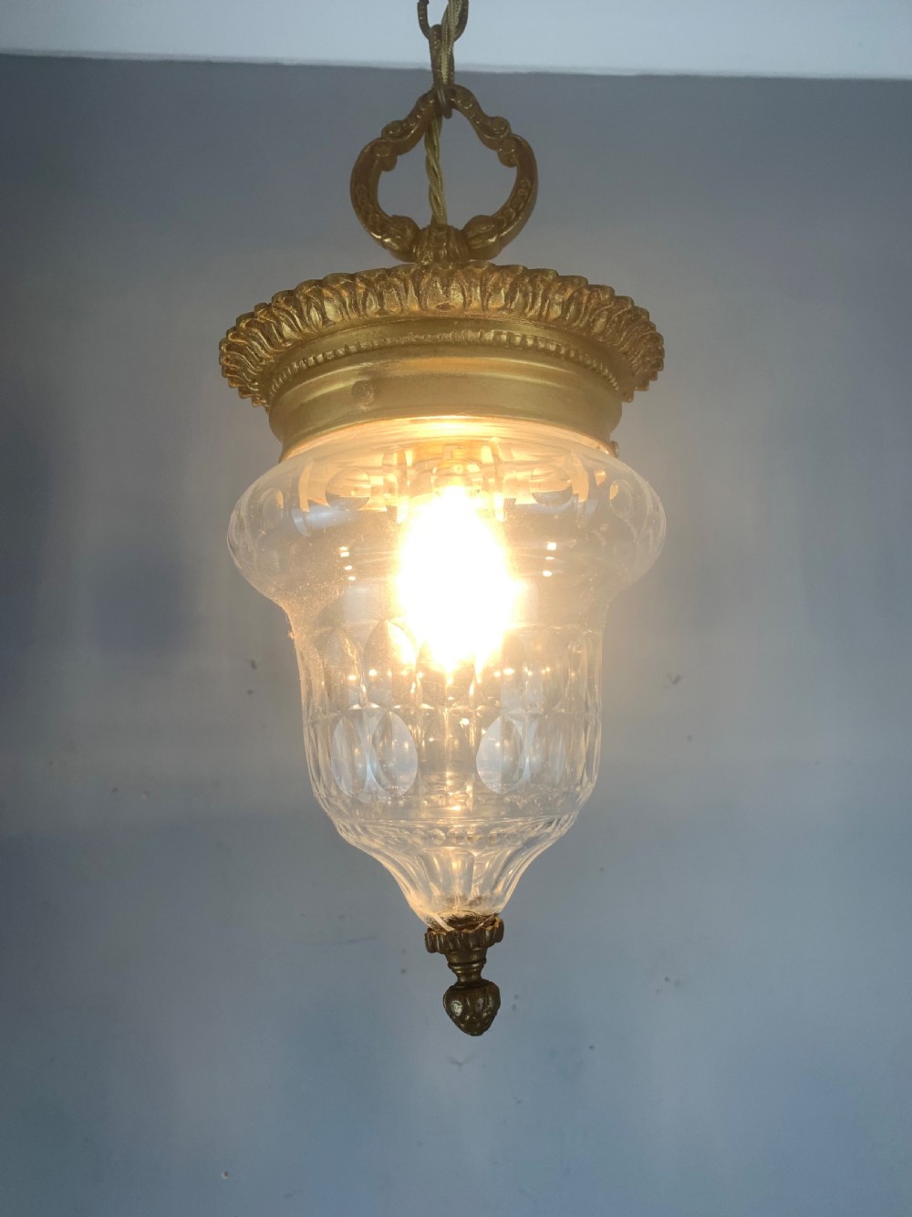 French Bronze Antique Ceiling Light, Original Shade  View II