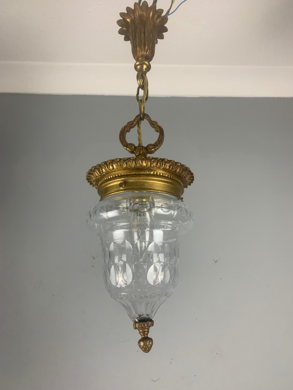 French Bronze Antique Ceiling Light, Original Shade  View III