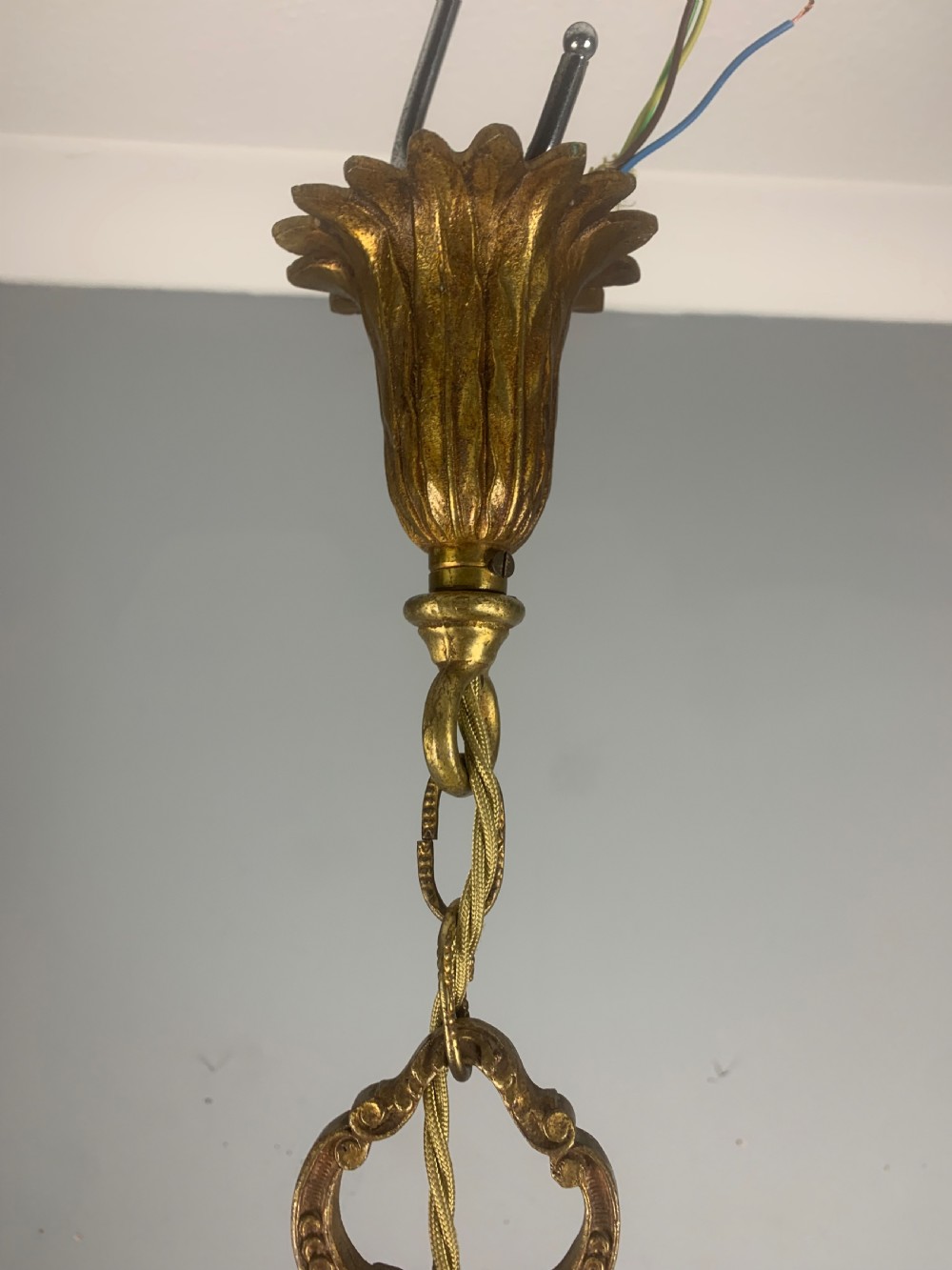French Bronze Antique Ceiling Light, Original Shade  View IV