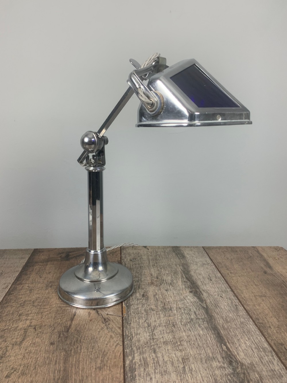 French Art Deco Chrome And Blue Glass Adjustable Desk Light By Pirouette