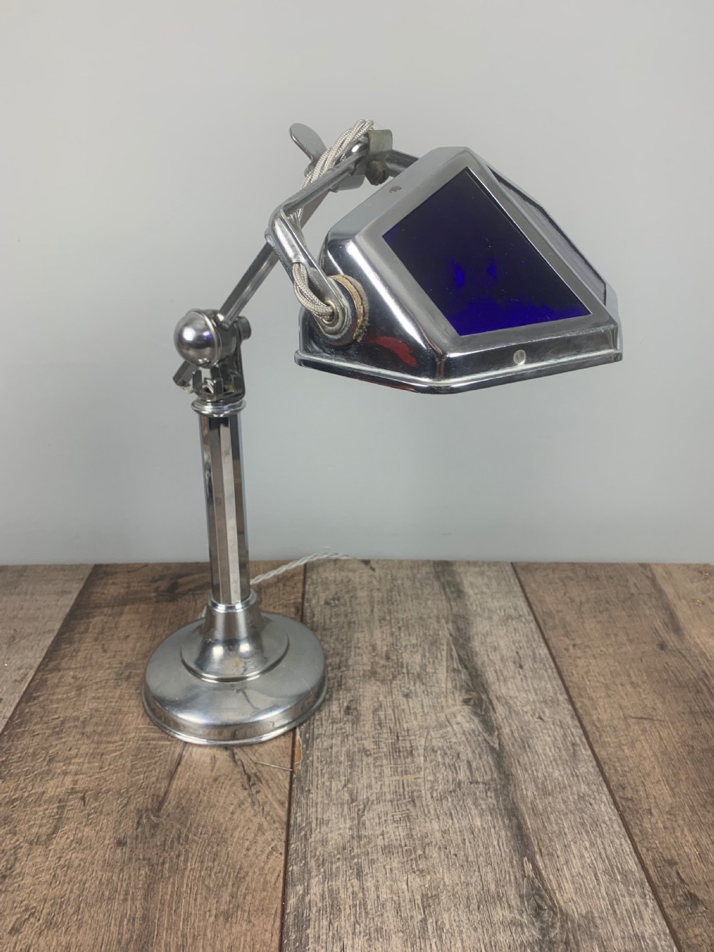 French Art Deco Chrome And Blue Glass Adjustable Desk Light By Pirouette View VII
