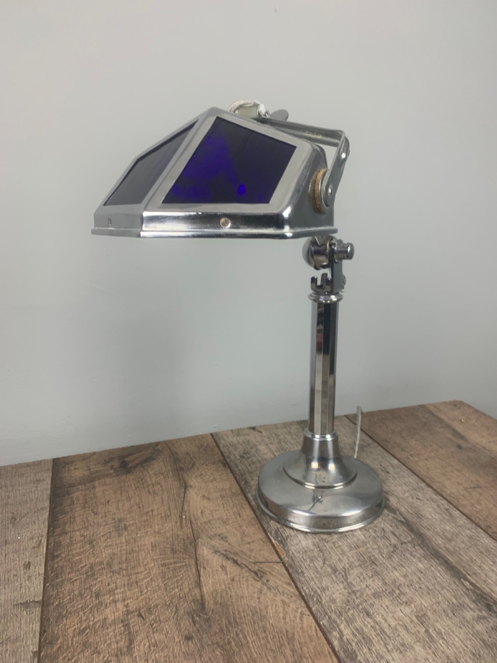 French Art Deco Chrome And Blue Glass Adjustable Desk Light By Pirouette View VIII