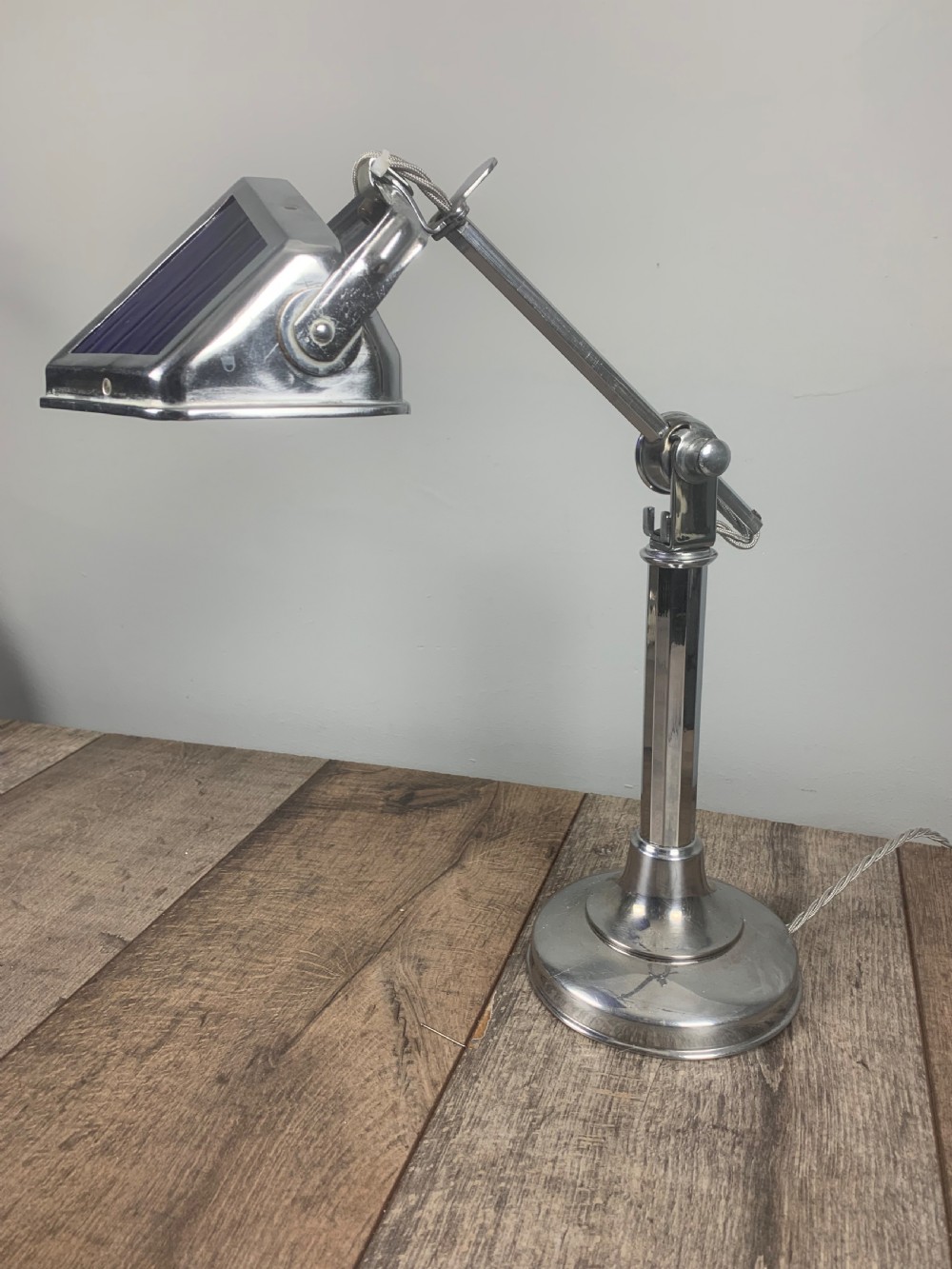 French Art Deco Chrome And Blue Glass Adjustable Desk Light By Pirouette View X