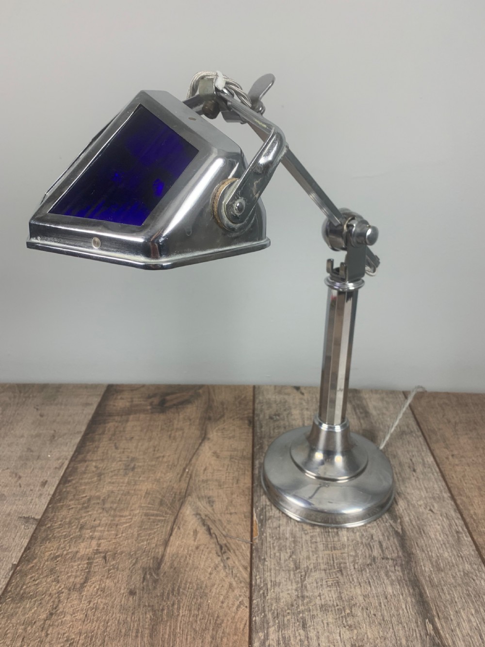 French Art Deco Chrome And Blue Glass Adjustable Desk Light By Pirouette View XI