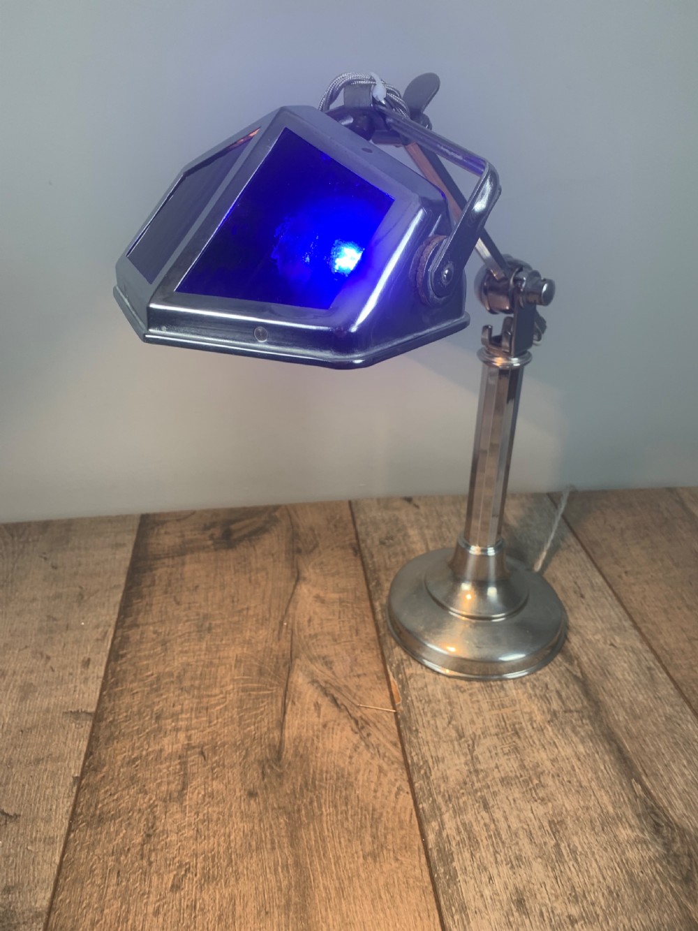 French Art Deco Chrome And Blue Glass Adjustable Desk Light By Pirouette View XII