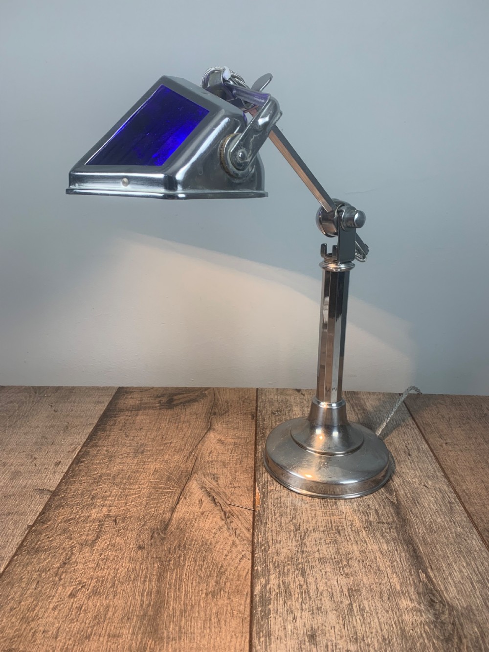 French Art Deco Chrome And Blue Glass Adjustable Desk Light By Pirouette View XIII
