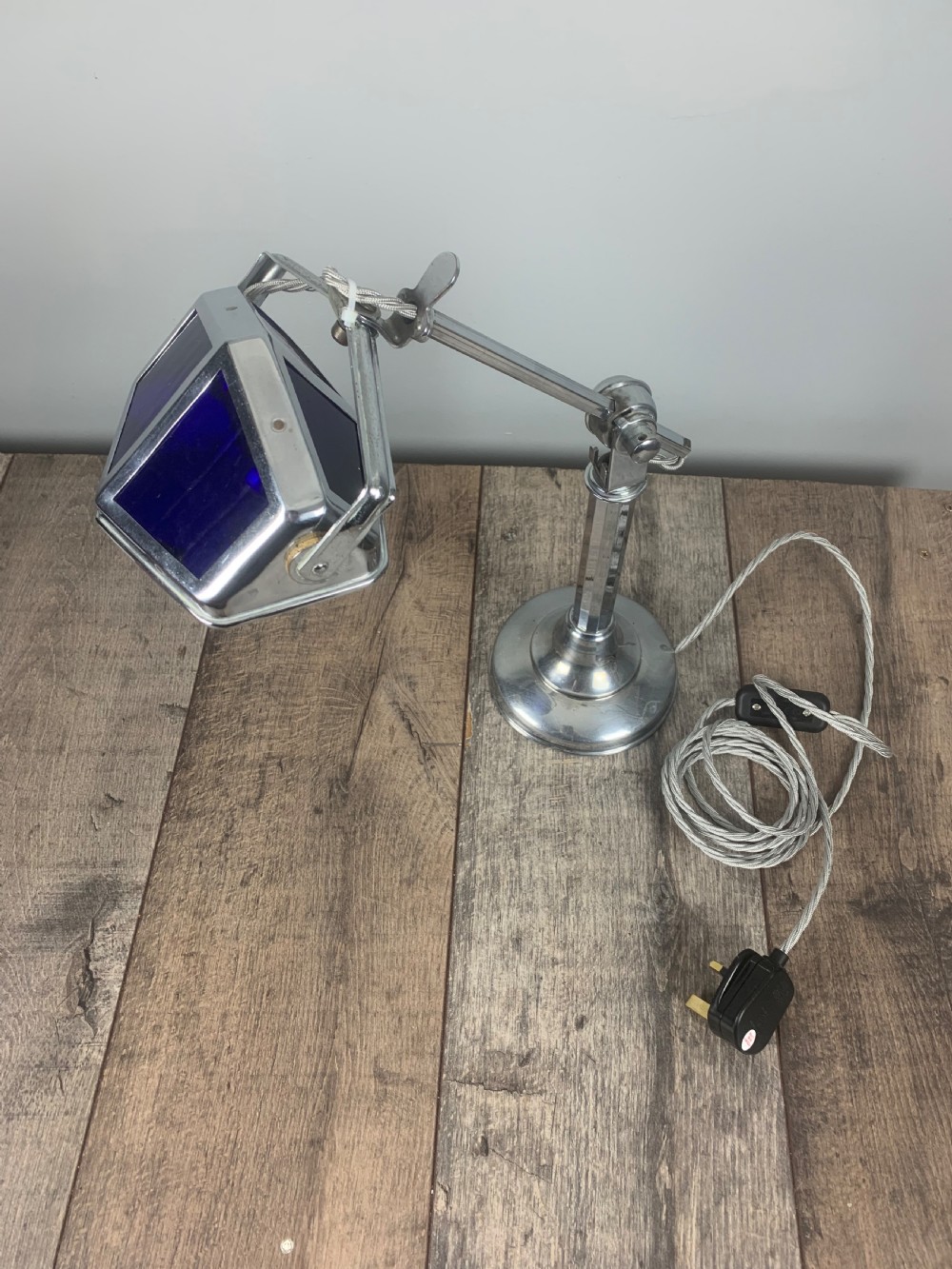French Art Deco Chrome And Blue Glass Adjustable Desk Light By Pirouette View XIV