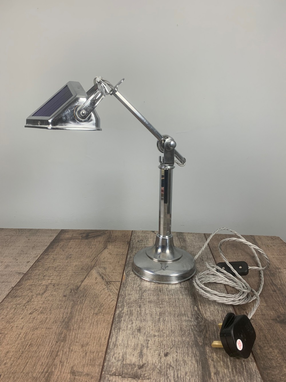 French Art Deco Chrome And Blue Glass Adjustable Desk Light By Pirouette View XV