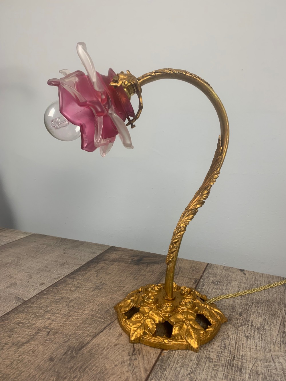 French Antique Gilt Brass Tulip Shade Desk Table Lamp  View II