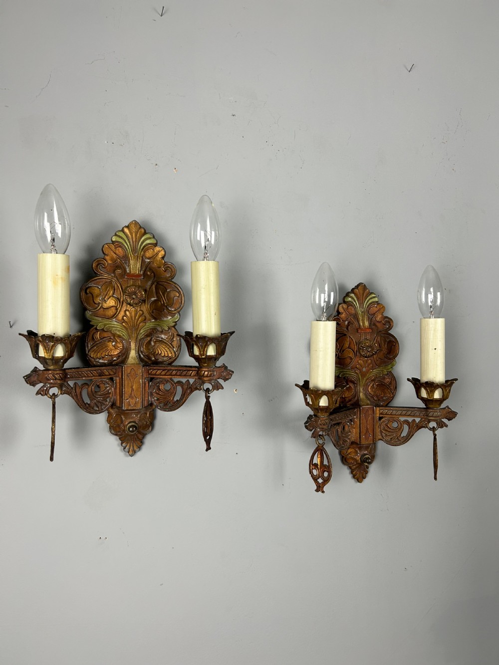 Pair of Art Deco Cast Iron Polychrome Antique Wall Lights 