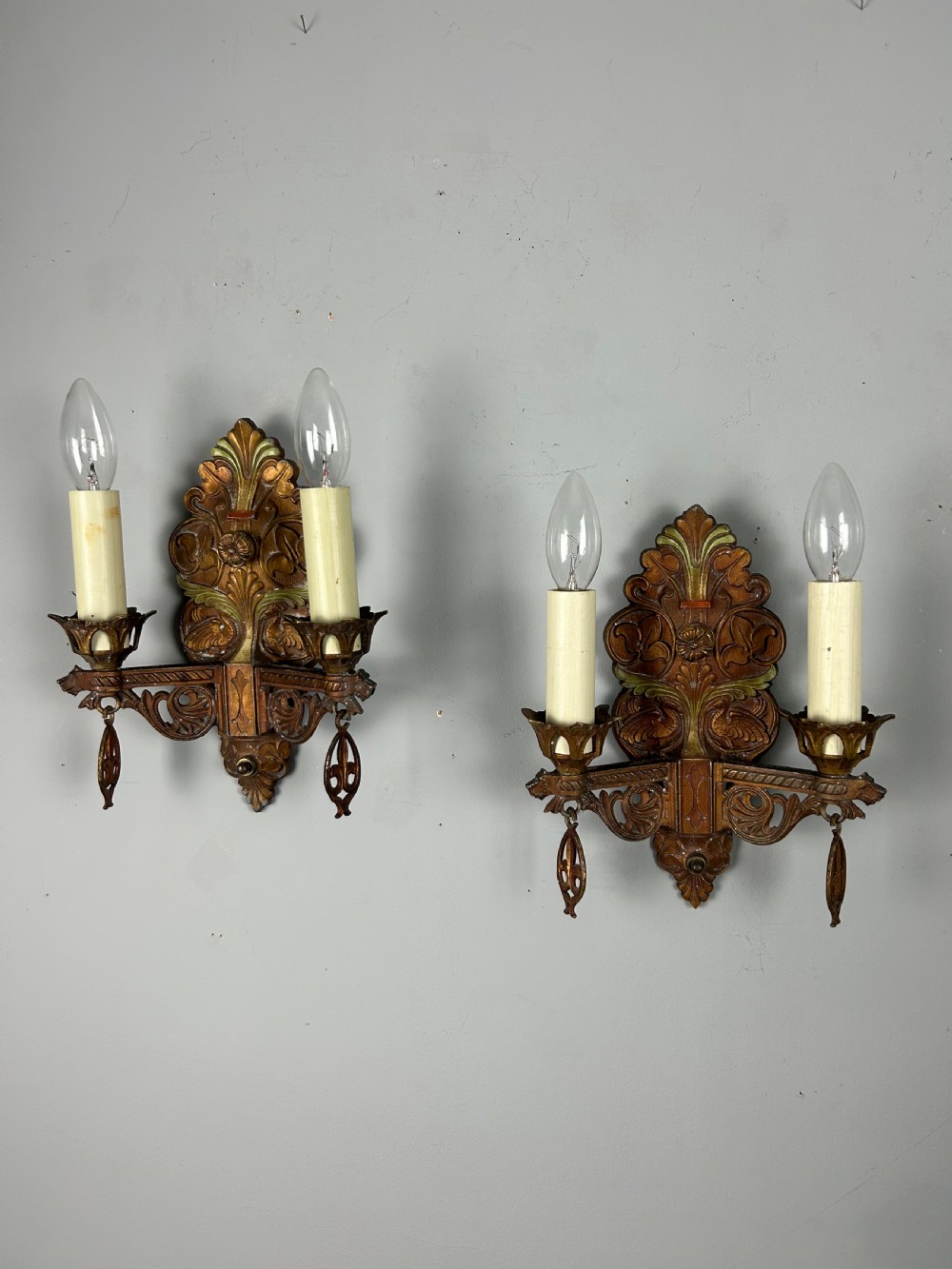 Pair of Art Deco Cast Iron Polychrome Antique Wall Lights  View IV