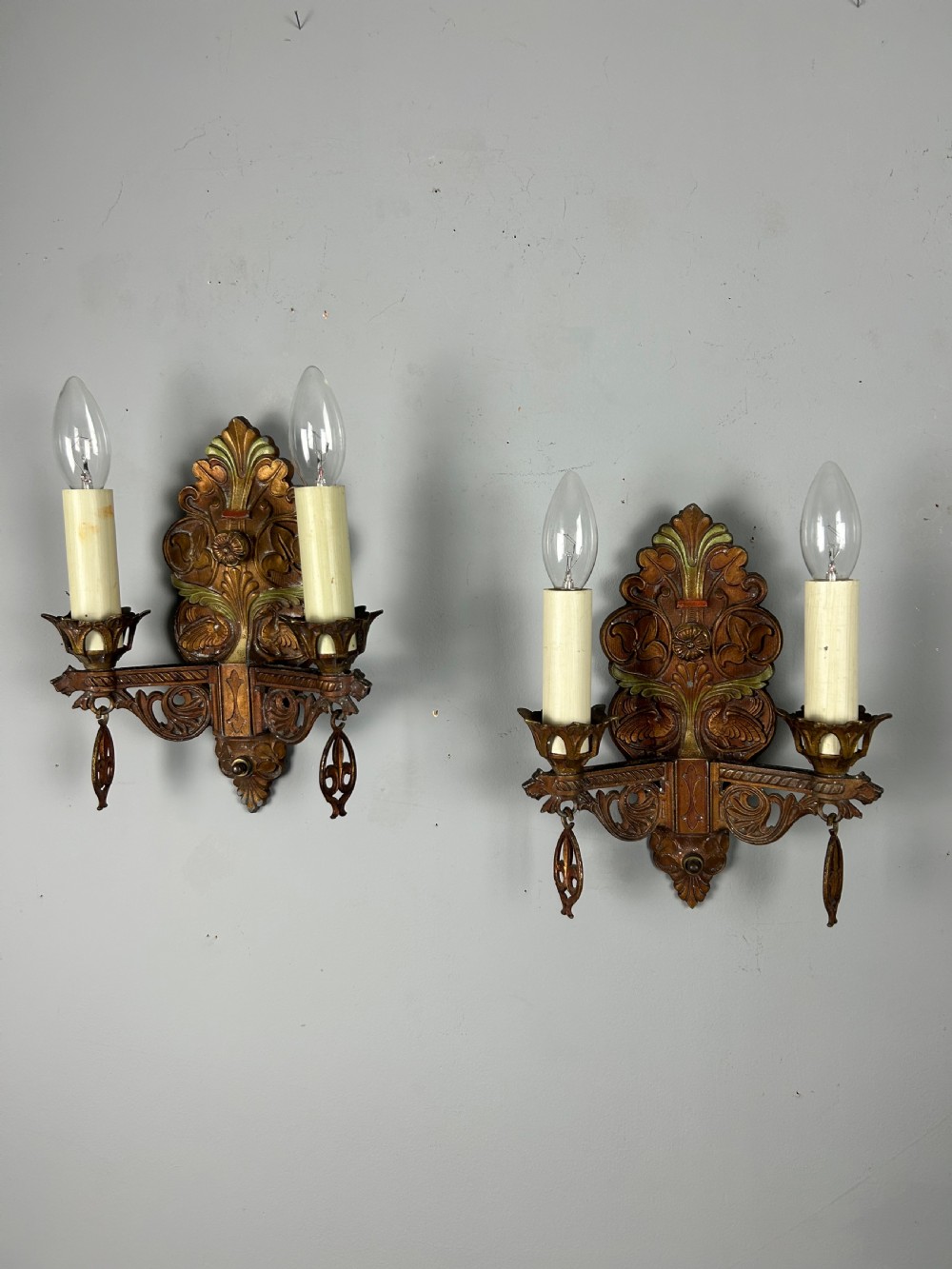 Pair of Art Deco Cast Iron Polychrome Antique Wall Lights  View XI