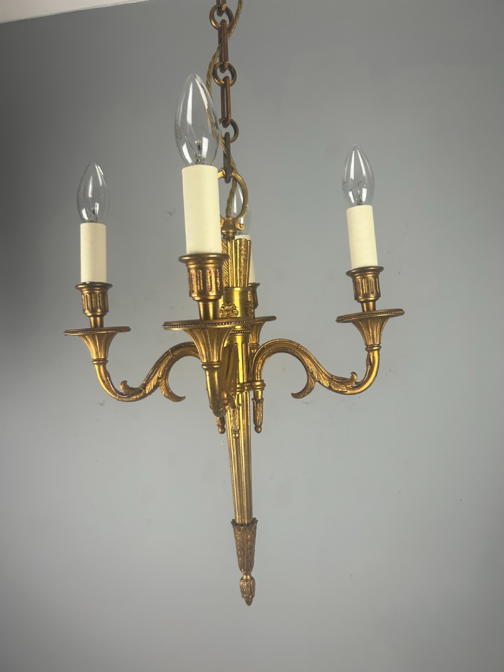 French Empire 4 Arm Gilt Brass Antique Chandelier, Ceiling Light View II