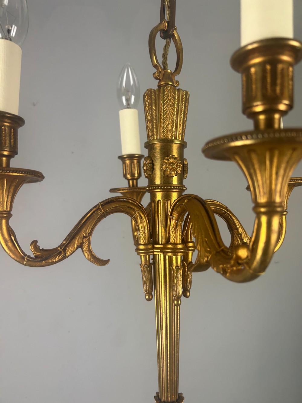 French Empire 4 Arm Gilt Brass Antique Chandelier, Ceiling Light View III