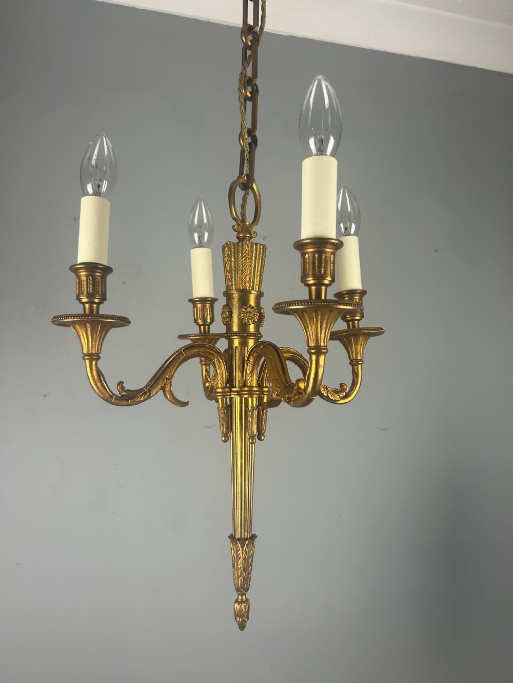 French Empire 4 Arm Gilt Brass Antique Chandelier, Ceiling Light View IV