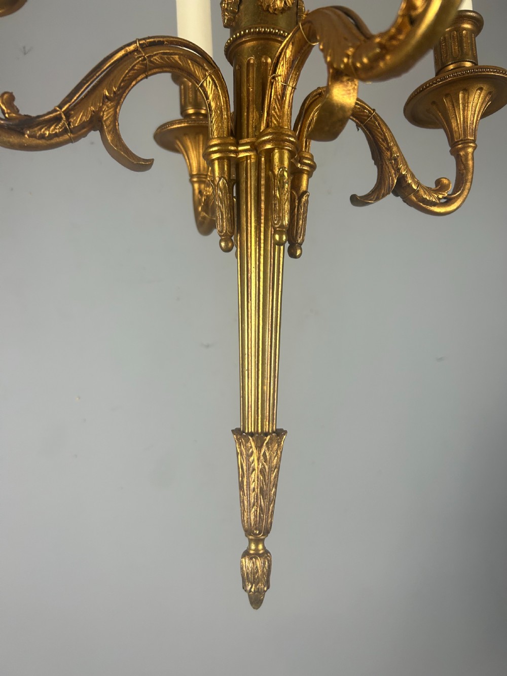 French Empire 4 Arm Gilt Brass Antique Chandelier, Ceiling Light View V