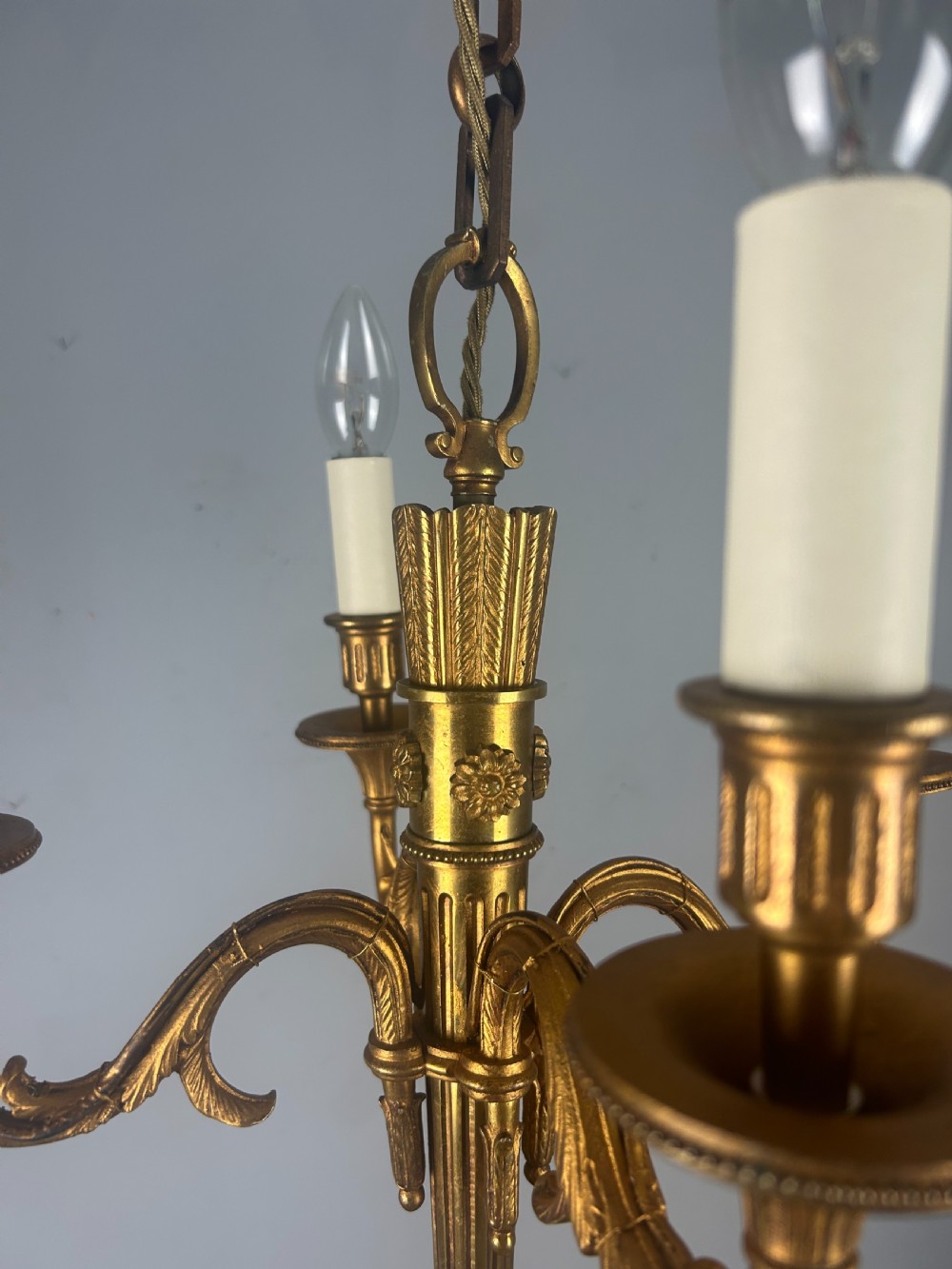 French Empire 4 Arm Gilt Brass Antique Chandelier, Ceiling Light View VI