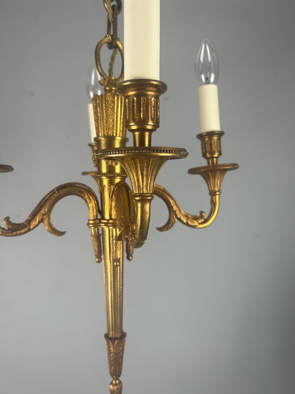 French Empire 4 Arm Gilt Brass Antique Chandelier, Ceiling Light View VII