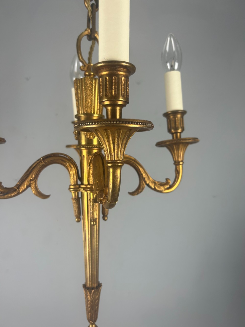 French Empire 4 Arm Gilt Brass Antique Chandelier, Ceiling Light View VIII