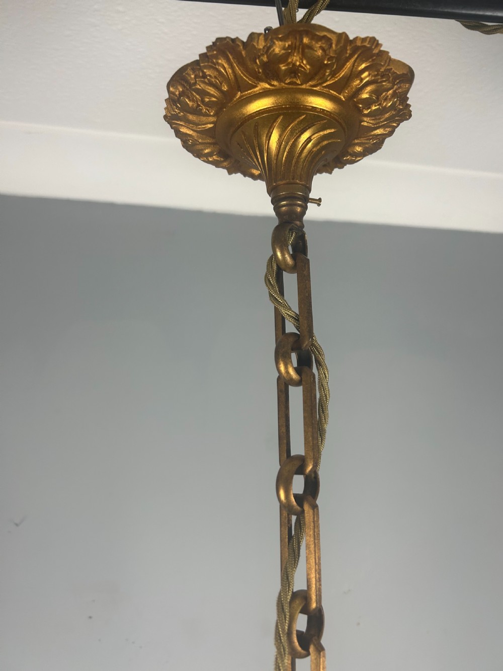 French Empire 4 Arm Gilt Brass Antique Chandelier, Ceiling Light View IX