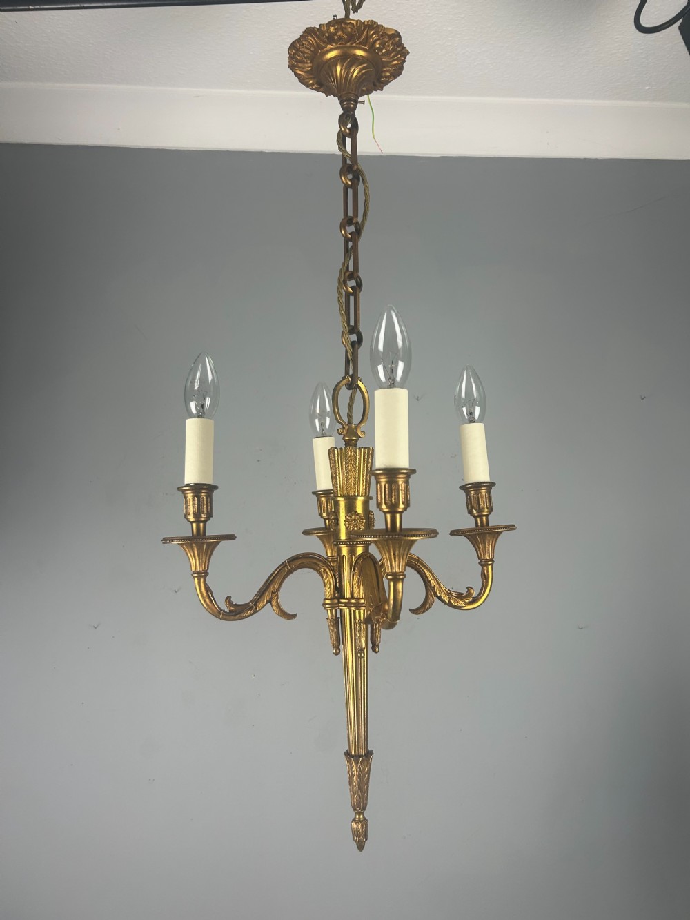 French Empire 4 Arm Gilt Brass Antique Chandelier, Ceiling Light View X